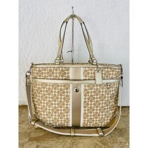 Vtg coach L diaper bag coated canvas/ leaher beige/gold tote shoulder bag F15184